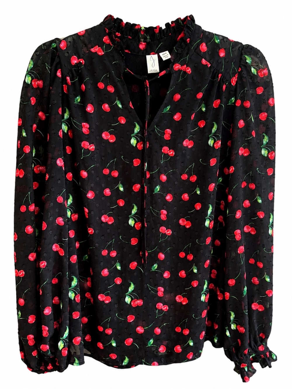 Cherry-Print Long Sleeve Blouse - Black & Red